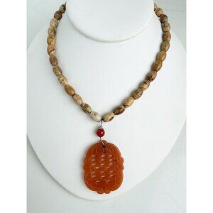 Hand Carved Carnelian Jasper Necklace Asian Chinese Pendant Sterling Silver